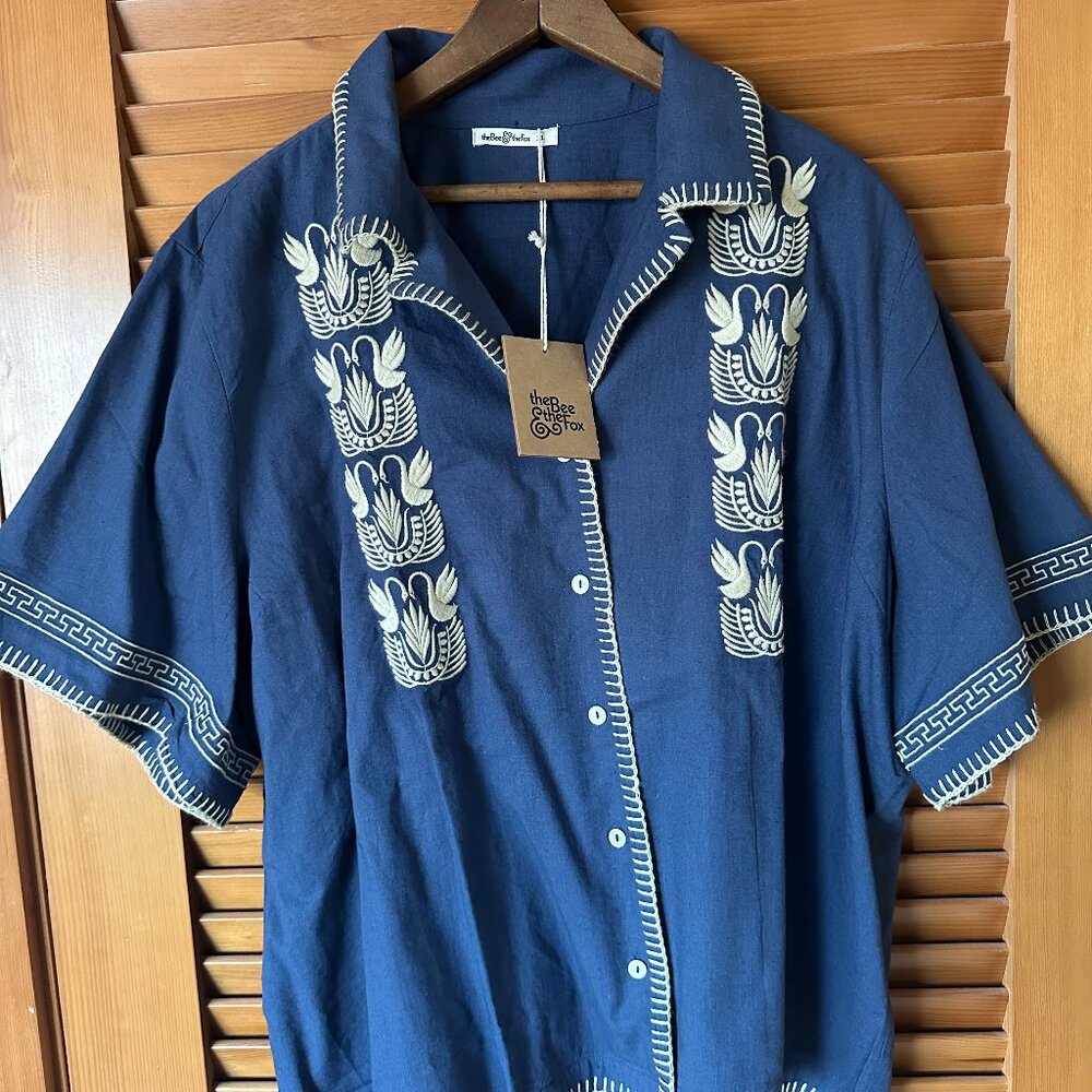 The Bee and The Fox Embroidered Button Down Oversized Swan Paloma Shirt XL